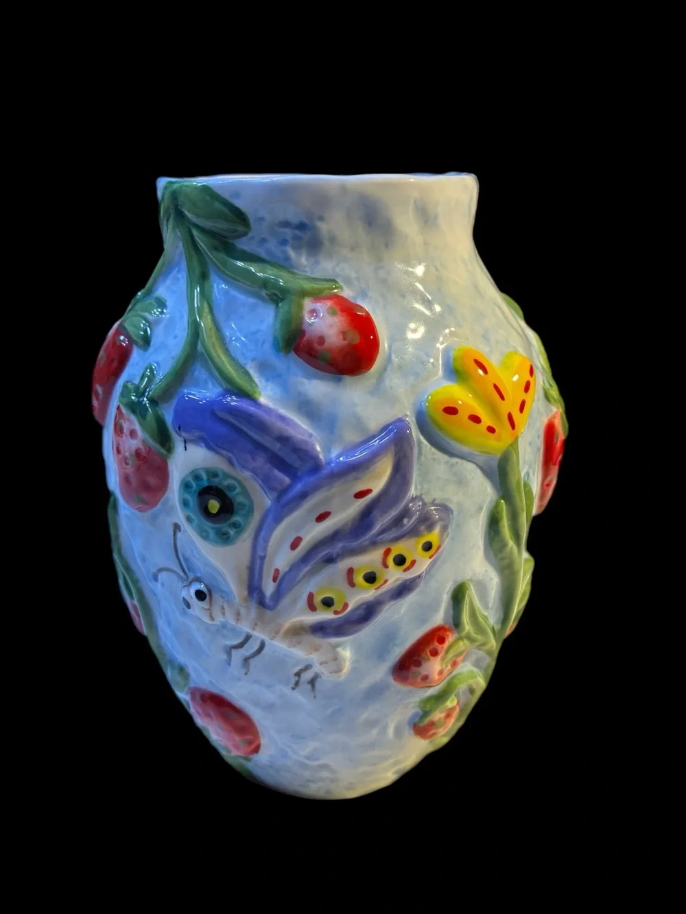 Anthropologie White Vase with Multicolor Floral and Strawberry Motif